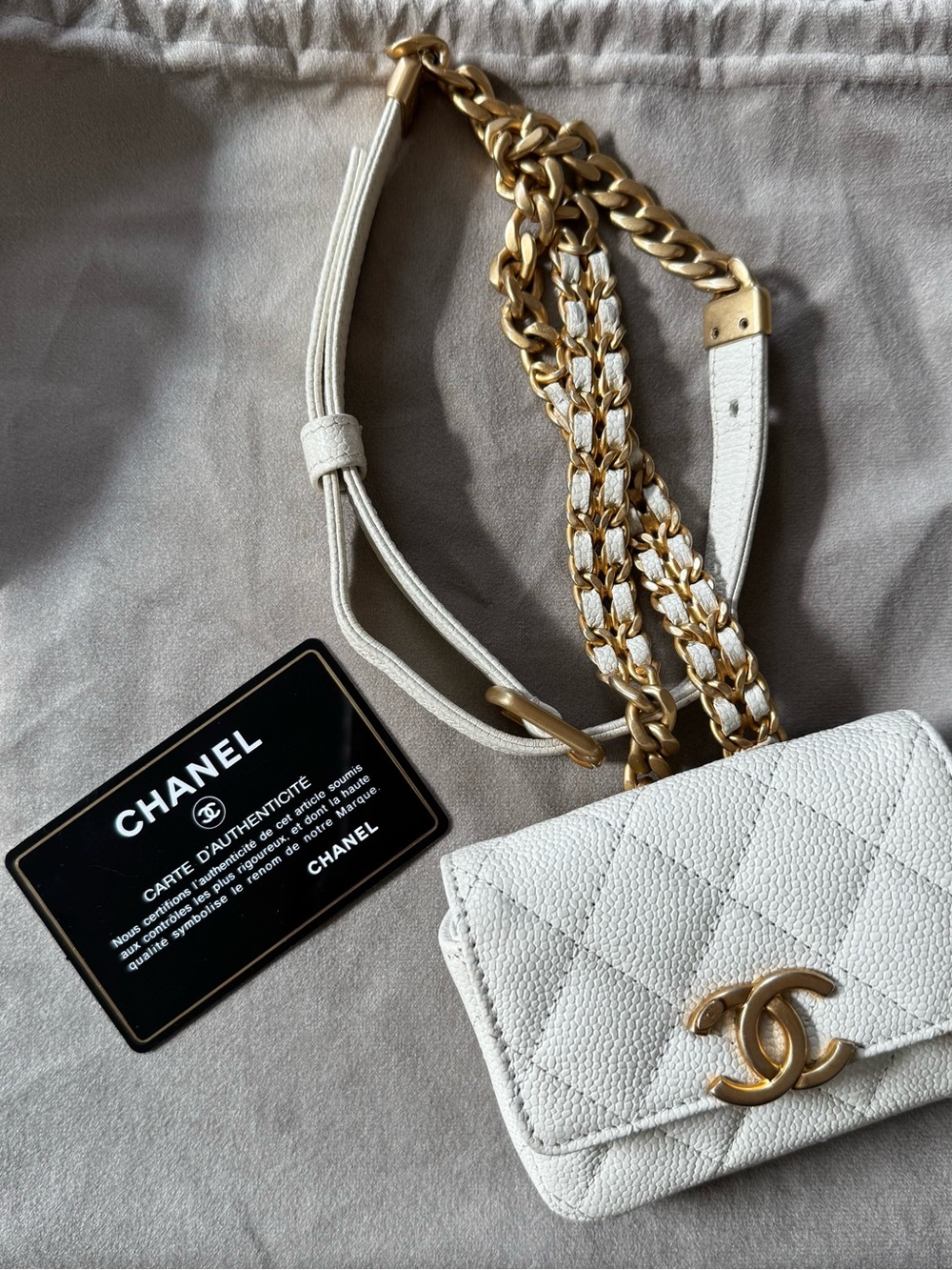 CHANEL White Quilted Caviar Leather Mini Wallet on Chain with Gold Hardware
